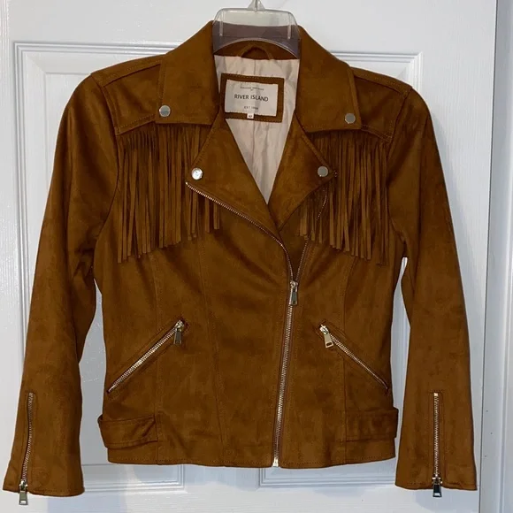 NWOT River Island Brown Fringe Moto Jacket - Picture 4 of 16